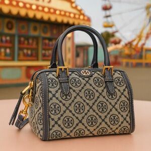 New Tory Burch T Monogram Tory Navy Jacquard MINI Barrel/Satchel/Crossbody Bag